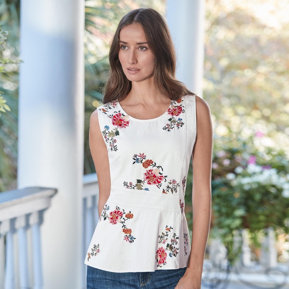 SUNDANCE Embroidered Belle Fleur Shell Peplum Top Sz Large